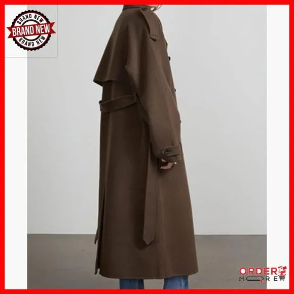 Women's Winter Peacoat Trench Coat Double Breasted Belted Long Sleeve - Picture 5 of 6